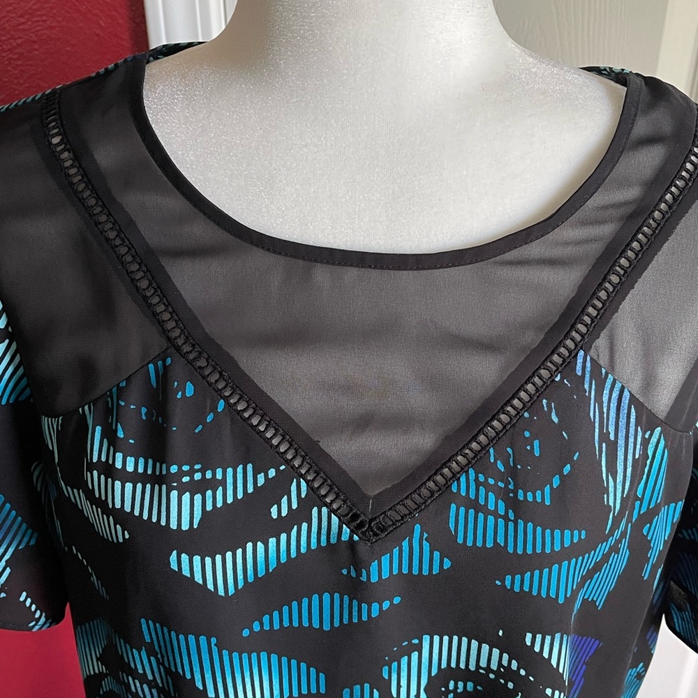 Worthington Black / Teal Blouse with Blue Accents